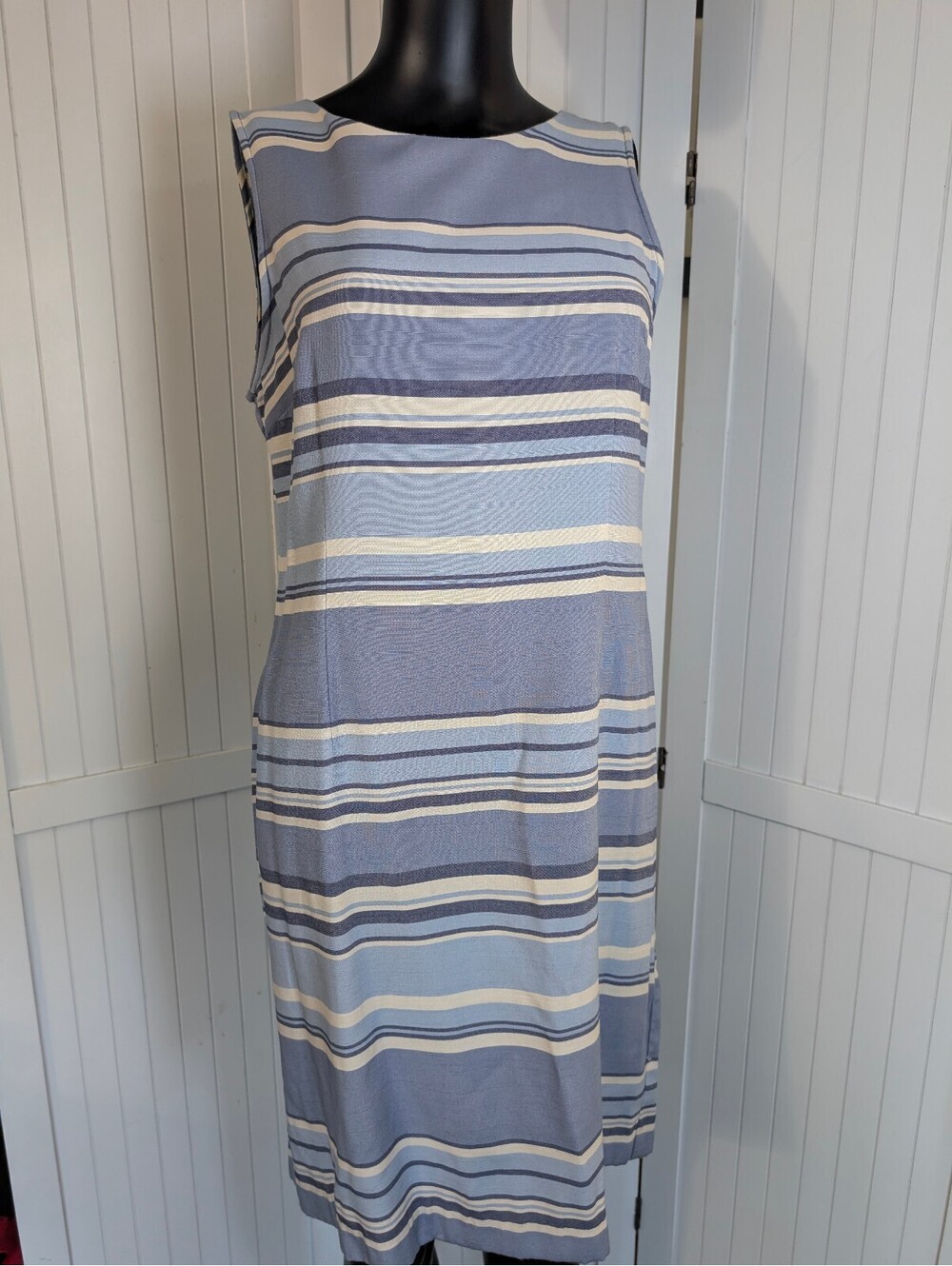 Sag Harbor Petite Blue White Striped Sheath Dress 12P Sleeveless Midi Career